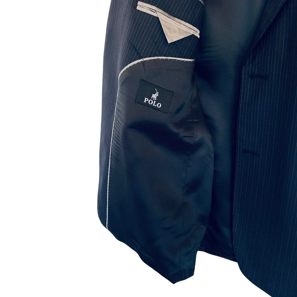 Polo Ralph Lauren Navy Blazer 44R Blue Gray Stripe Wool Reda Italy Double Vent